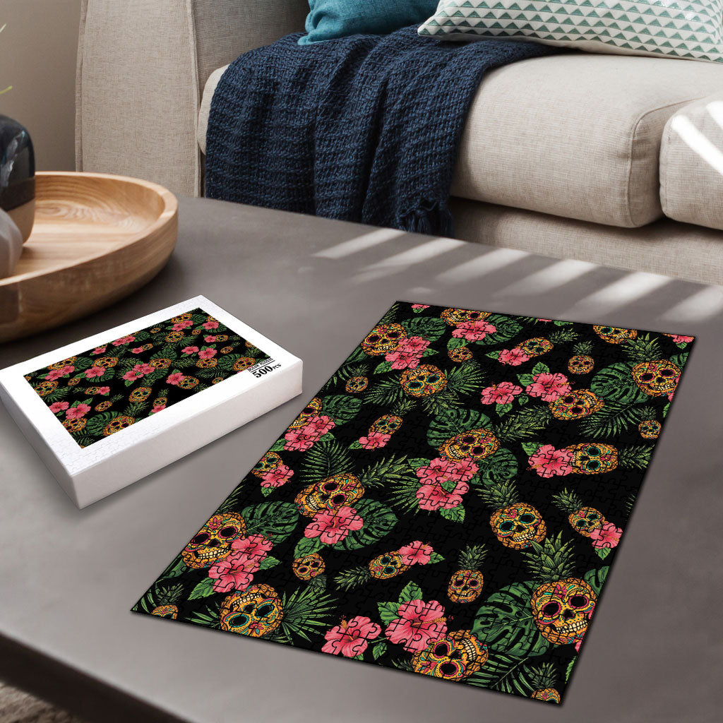 Tropical Calavera Hawaiian Puzzle Sugar Skull Pineapple Hibiscus Floral DT05 - Polynesian Pride