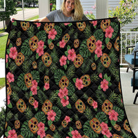 Tropical Calavera Hawaiian Quilt Sugar Skull Pineapple Hibiscus Floral DT05 Black - Polynesian Pride