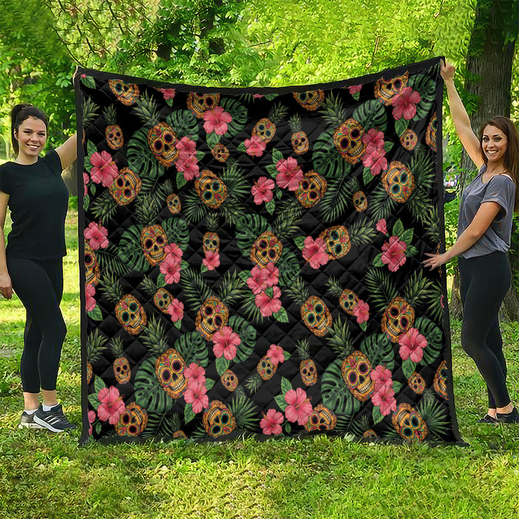 Tropical Calavera Hawaiian Quilt Sugar Skull Pineapple Hibiscus Floral DT05 - Polynesian Pride