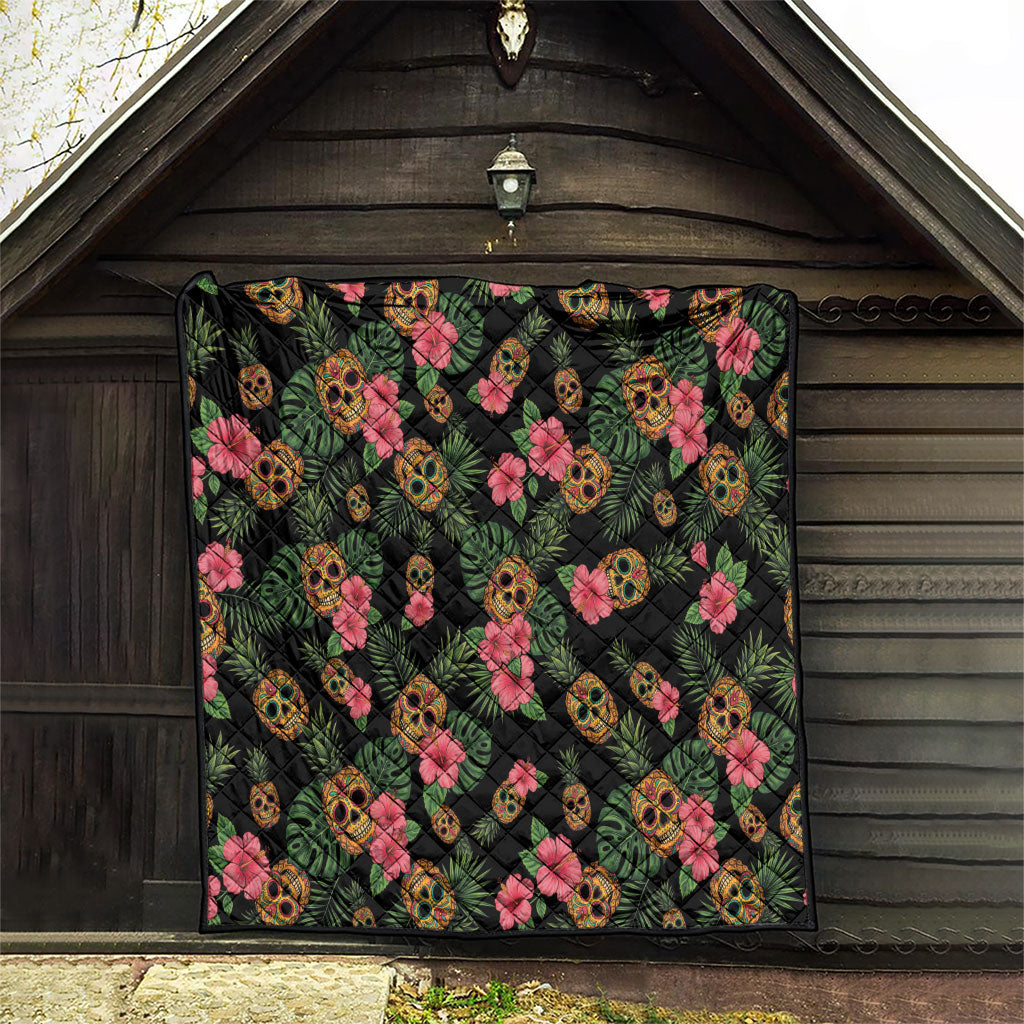 Tropical Calavera Hawaiian Quilt Sugar Skull Pineapple Hibiscus Floral DT05 - Polynesian Pride