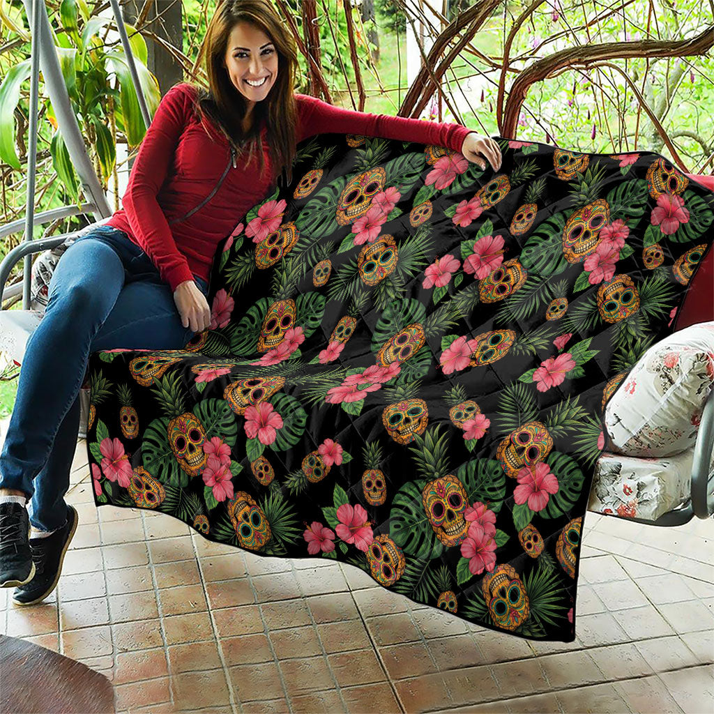 Tropical Calavera Hawaiian Quilt Sugar Skull Pineapple Hibiscus Floral DT05 - Polynesian Pride