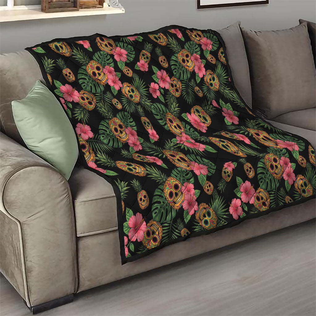Tropical Calavera Hawaiian Quilt Sugar Skull Pineapple Hibiscus Floral DT05 - Polynesian Pride