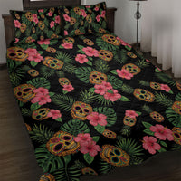 Tropical Calavera Hawaiian Quilt Bed Set Sugar Skull Pineapple Hibiscus Floral DT05 Black - Polynesian Pride
