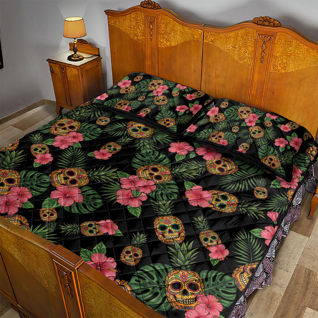 Tropical Calavera Hawaiian Quilt Bed Set Sugar Skull Pineapple Hibiscus Floral DT05 - Polynesian Pride