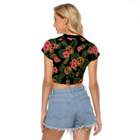 Tropical Calavera Hawaiian Raglan Cropped T Shirt Sugar Skull Pineapple Hibiscus Floral DT05 - Polynesian Pride