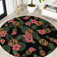Tropical Calavera Hawaiian Round Carpet Sugar Skull Pineapple Hibiscus Floral DT05 Black - Polynesian Pride