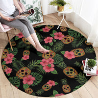 Tropical Calavera Hawaiian Round Carpet Sugar Skull Pineapple Hibiscus Floral DT05 - Polynesian Pride