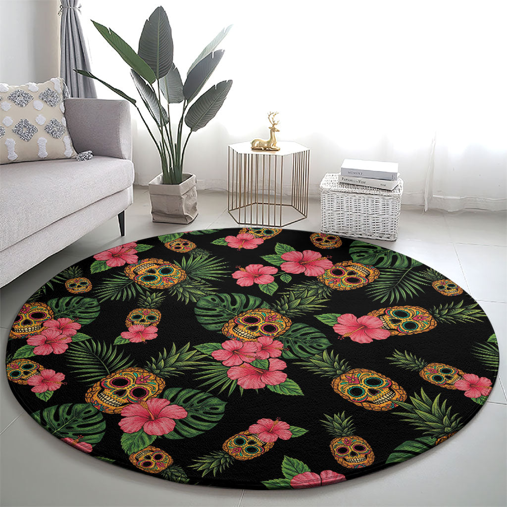 Tropical Calavera Hawaiian Round Carpet Sugar Skull Pineapple Hibiscus Floral DT05 - Polynesian Pride