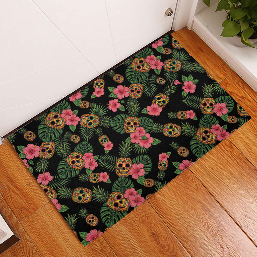 Tropical Calavera Hawaiian Rubber Doormat Sugar Skull Pineapple Hibiscus Floral DT05 - Polynesian Pride
