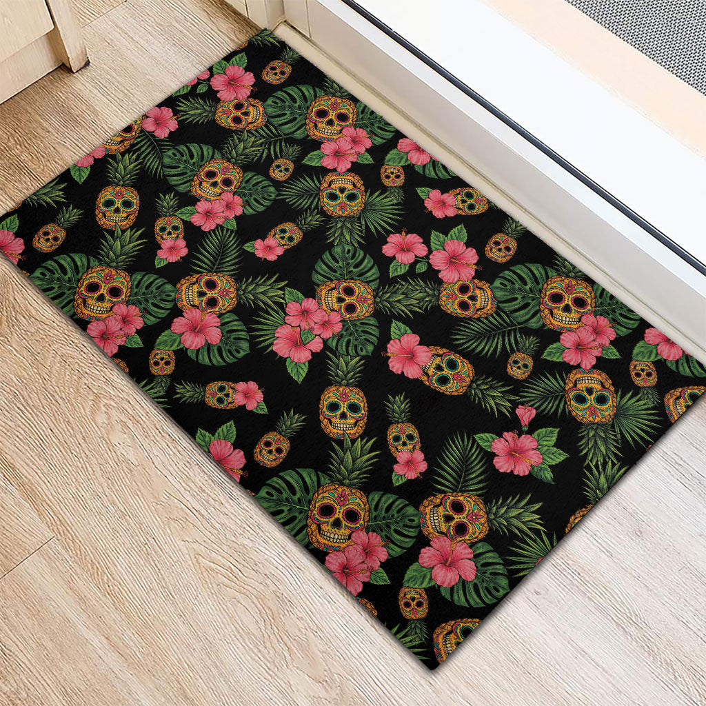 Tropical Calavera Hawaiian Rubber Doormat Sugar Skull Pineapple Hibiscus Floral DT05 - Polynesian Pride