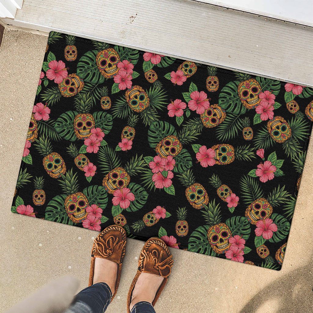 Tropical Calavera Hawaiian Rubber Doormat Sugar Skull Pineapple Hibiscus Floral DT05 - Polynesian Pride