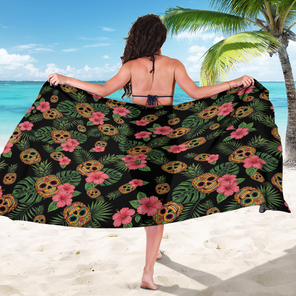 Tropical Calavera Hawaiian Sarong Sugar Skull Pineapple Hibiscus Floral DT05 - Polynesian Pride