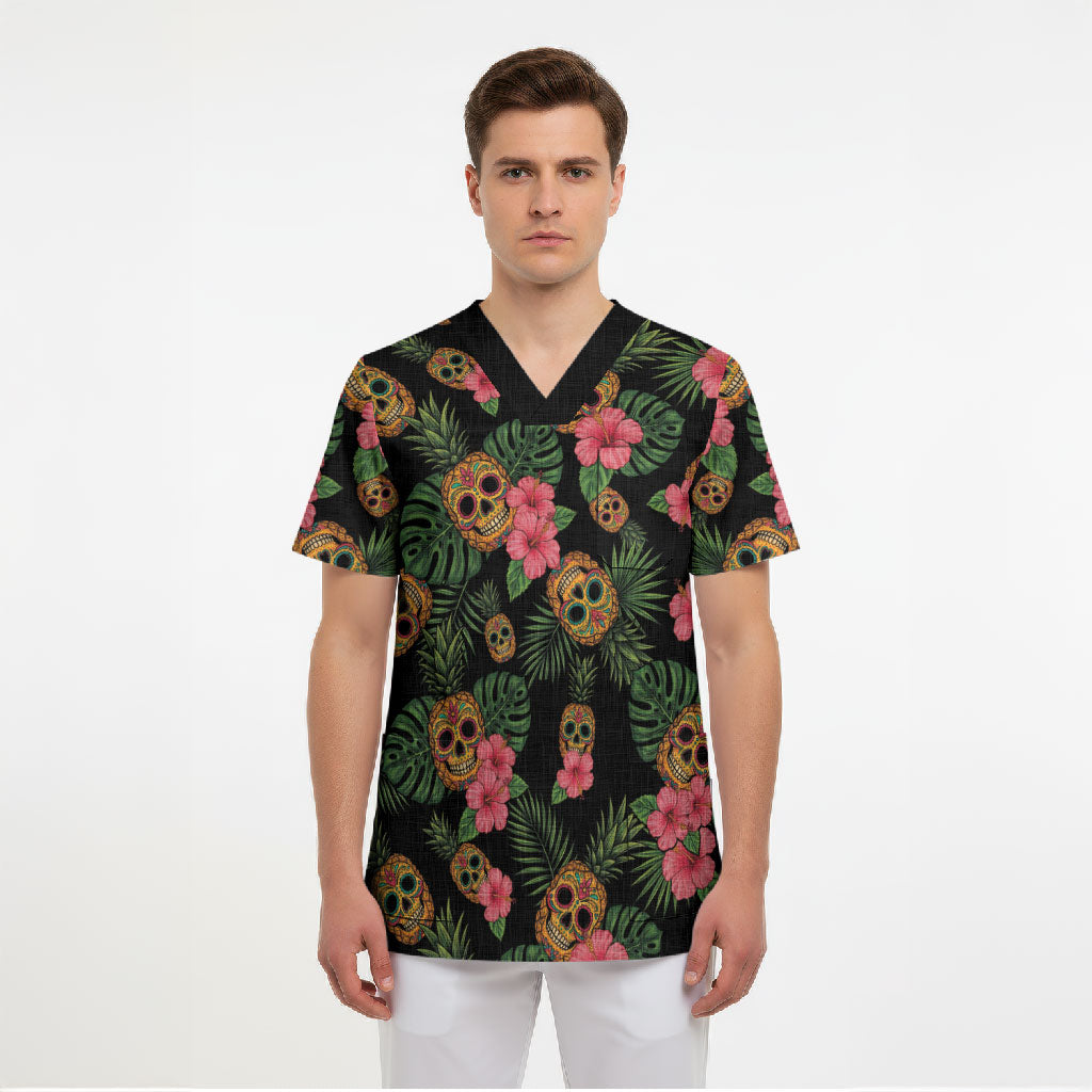 Tropical Calavera Hawaiian Scrub Top Sugar Skull Pineapple Hibiscus Floral DT05 - Polynesian Pride