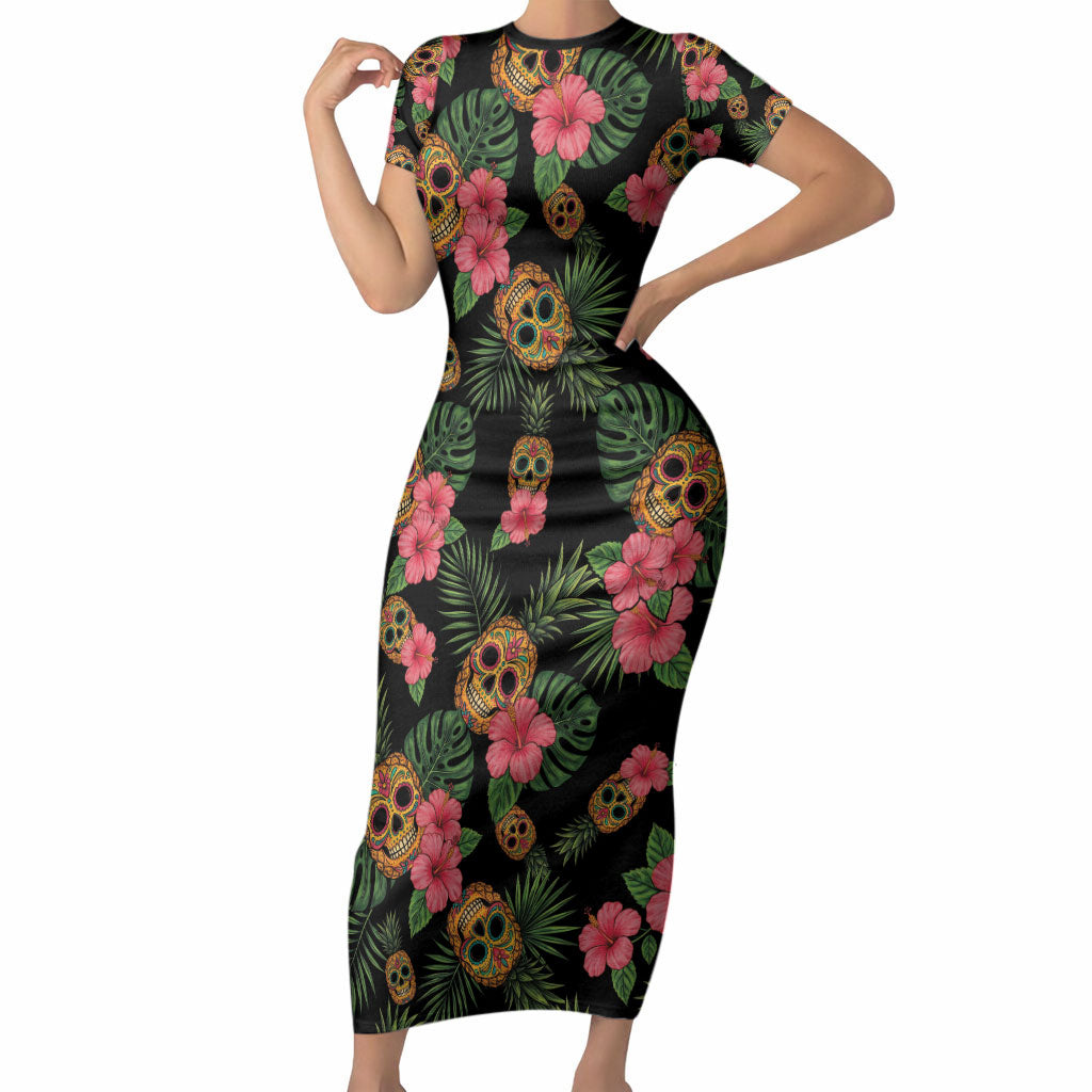 Tropical Calavera Hawaiian Short Sleeve Bodycon Dress Sugar Skull Pineapple Hibiscus Floral
