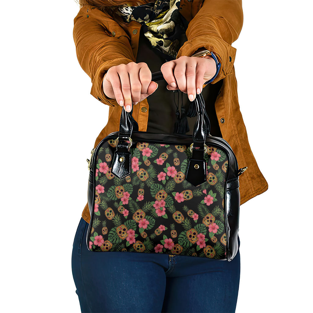 Tropical Calavera Hawaiian Shoulder Handbag Sugar Skull Pineapple Hibiscus Floral DT05 One Size Black - Polynesian Pride