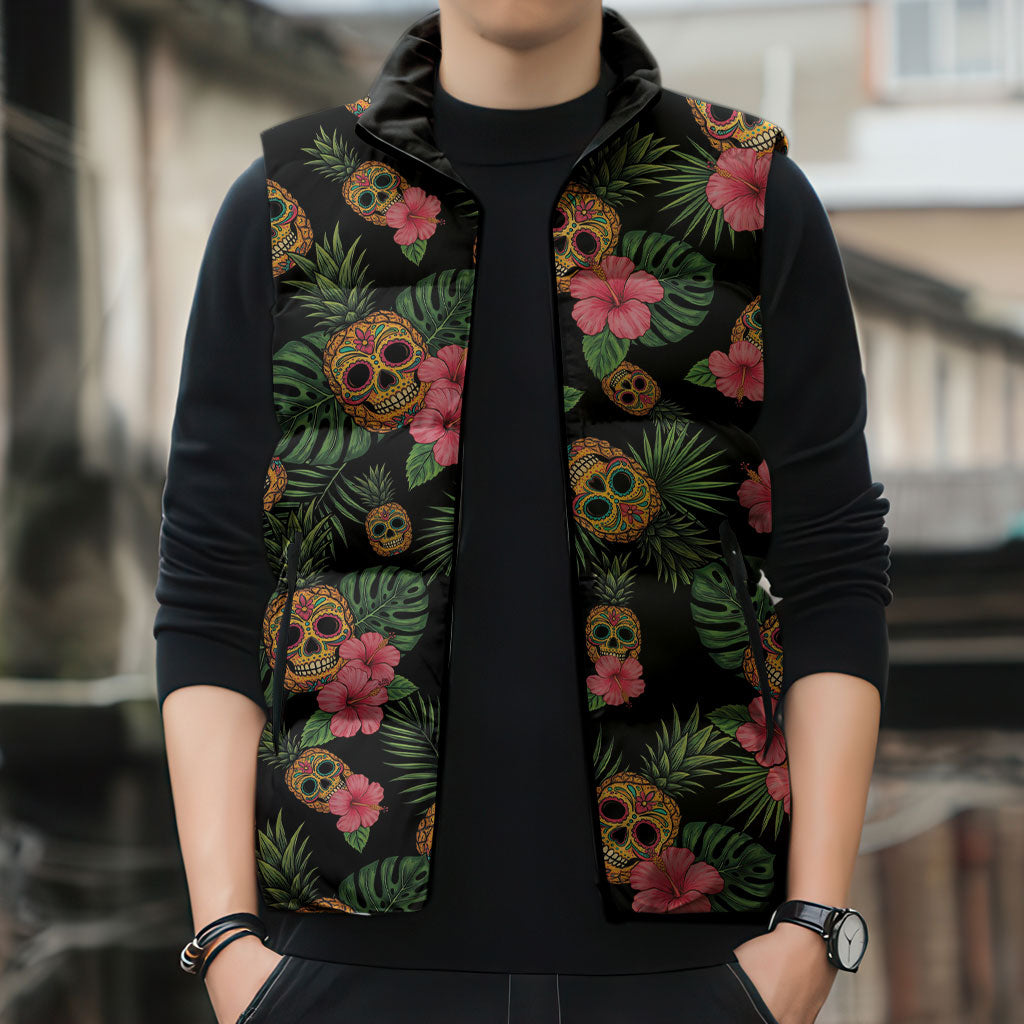 Tropical Calavera Hawaiian Sleeveless Puffer Jacket Sugar Skull Pineapple Hibiscus Floral DT05 - Polynesian Pride