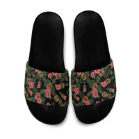 Tropical Calavera Hawaiian Slide Sandals Sugar Skull Pineapple Hibiscus Floral DT05 Black - Polynesian Pride