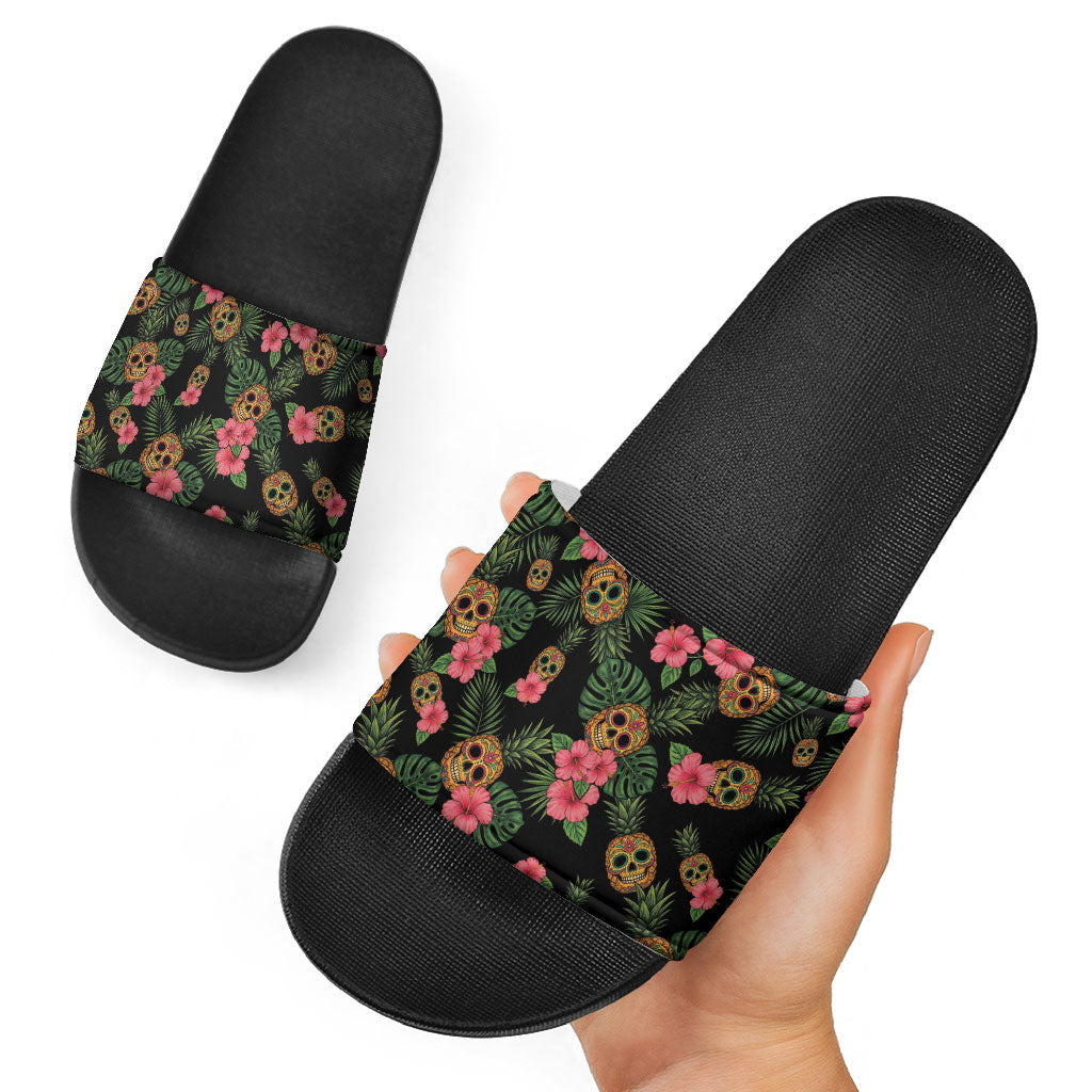Tropical Calavera Hawaiian Slide Sandals Sugar Skull Pineapple Hibiscus Floral DT05 - Polynesian Pride