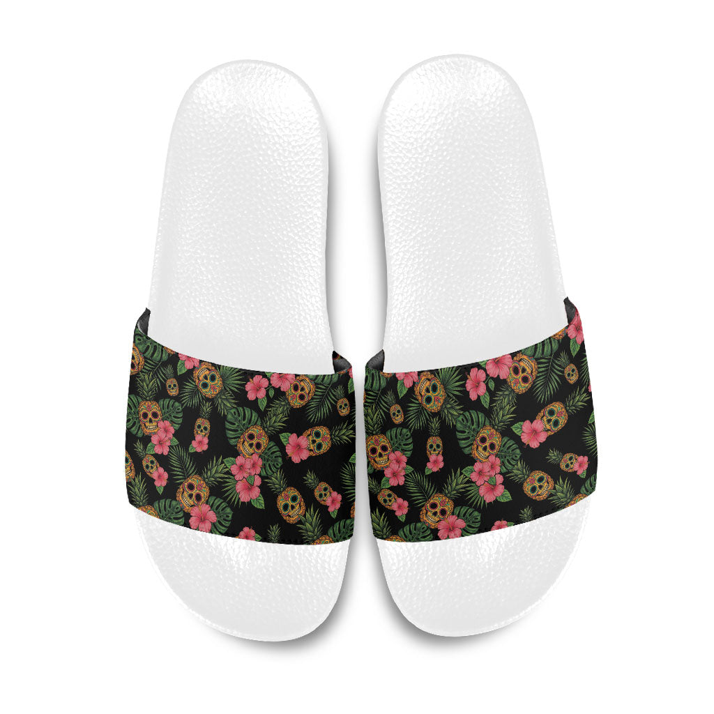 Tropical Calavera Hawaiian Slide Sandals Sugar Skull Pineapple Hibiscus Floral DT05 Black - Polynesian Pride