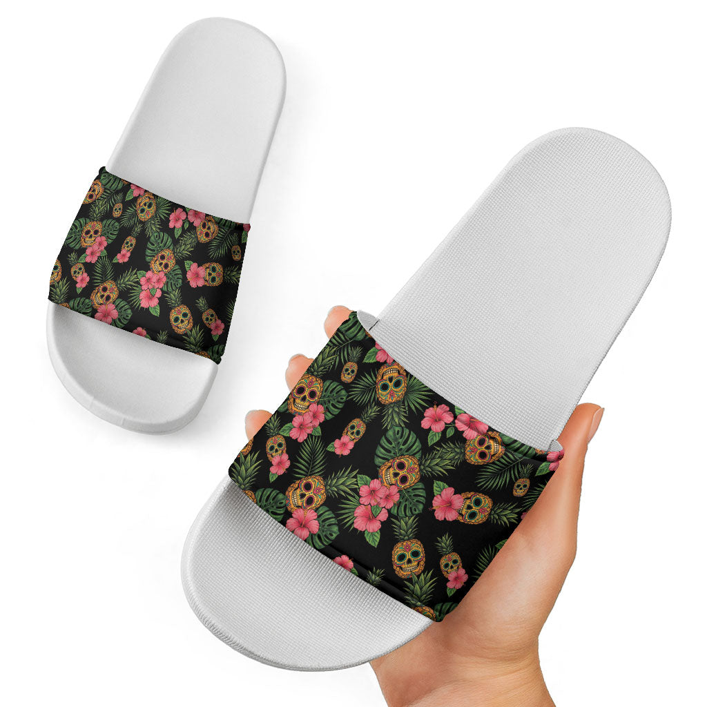 Tropical Calavera Hawaiian Slide Sandals Sugar Skull Pineapple Hibiscus Floral DT05 - Polynesian Pride