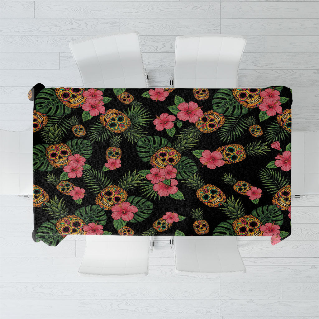 Tropical Calavera Hawaiian Tablecloth Sugar Skull Pineapple Hibiscus Floral