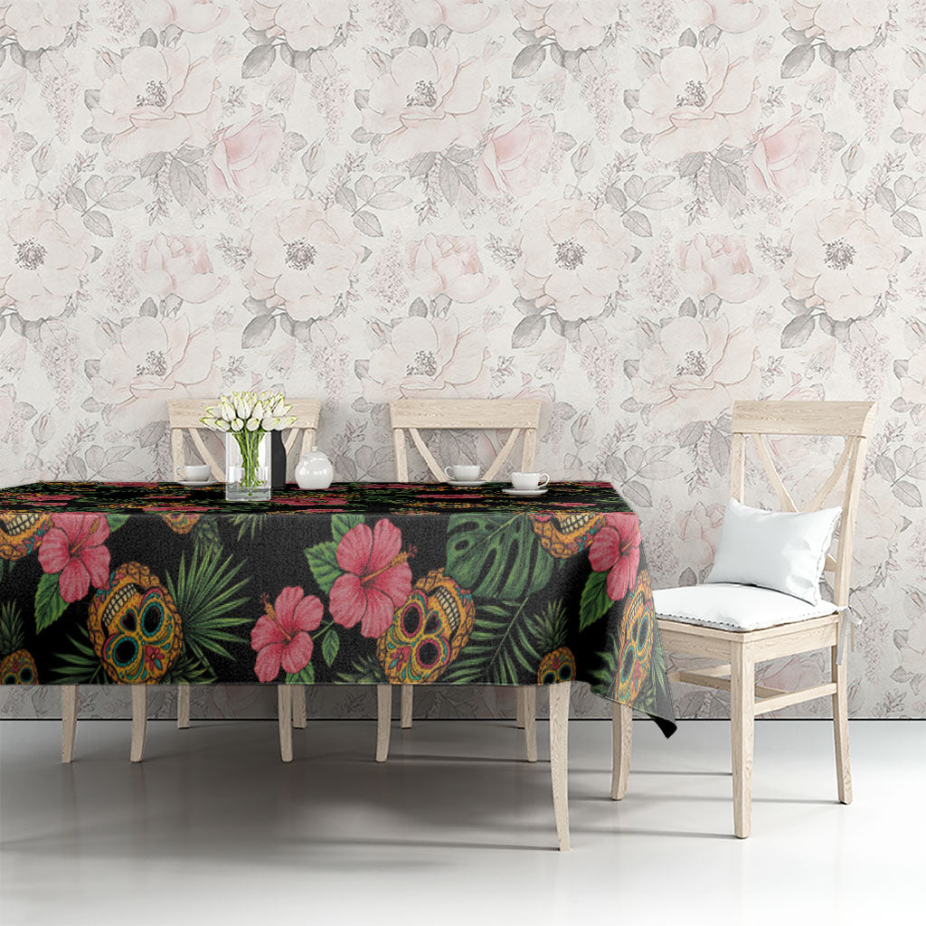 Tropical Calavera Hawaiian Tablecloth Sugar Skull Pineapple Hibiscus Floral DT05 - Polynesian Pride