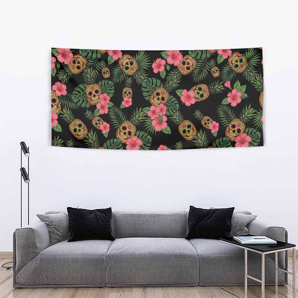 Tropical Calavera Hawaiian Tapestry Sugar Skull Pineapple Hibiscus Floral DT05 - Polynesian Pride