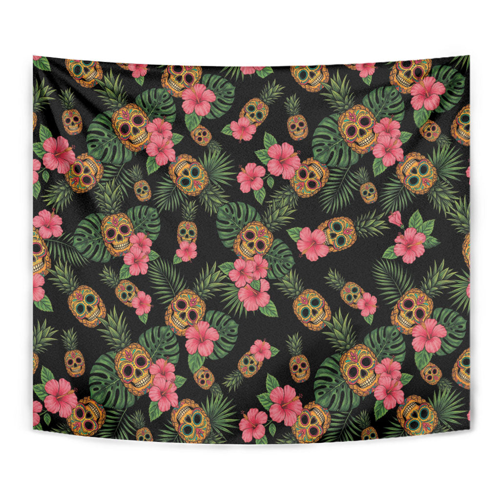 Tropical Calavera Hawaiian Tapestry Sugar Skull Pineapple Hibiscus Floral DT05 - Polynesian Pride