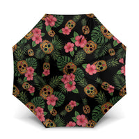 Tropical Calavera Hawaiian Umbrella Sugar Skull Pineapple Hibiscus Floral DT05 One Size Folded 11.42 inch Opened Diameter 37.4 inch Black - Polynesian Pride