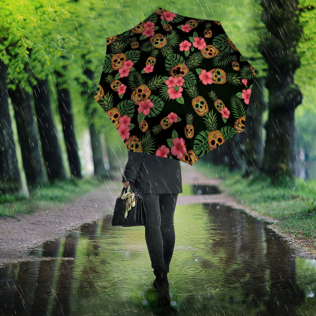 Tropical Calavera Hawaiian Umbrella Sugar Skull Pineapple Hibiscus Floral DT05 - Polynesian Pride