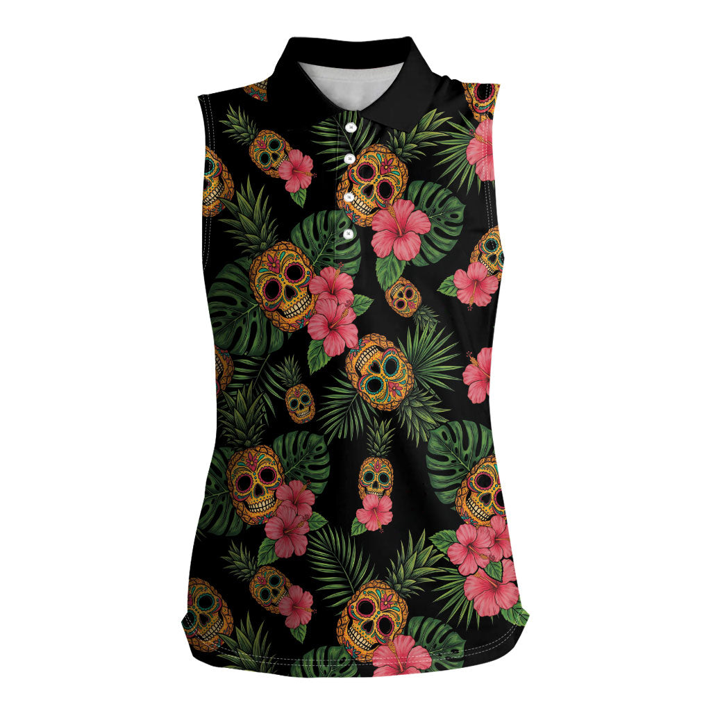 Tropical Calavera Hawaiian Women Sleeveless Polo Shirt Sugar Skull Pineapple Hibiscus Floral