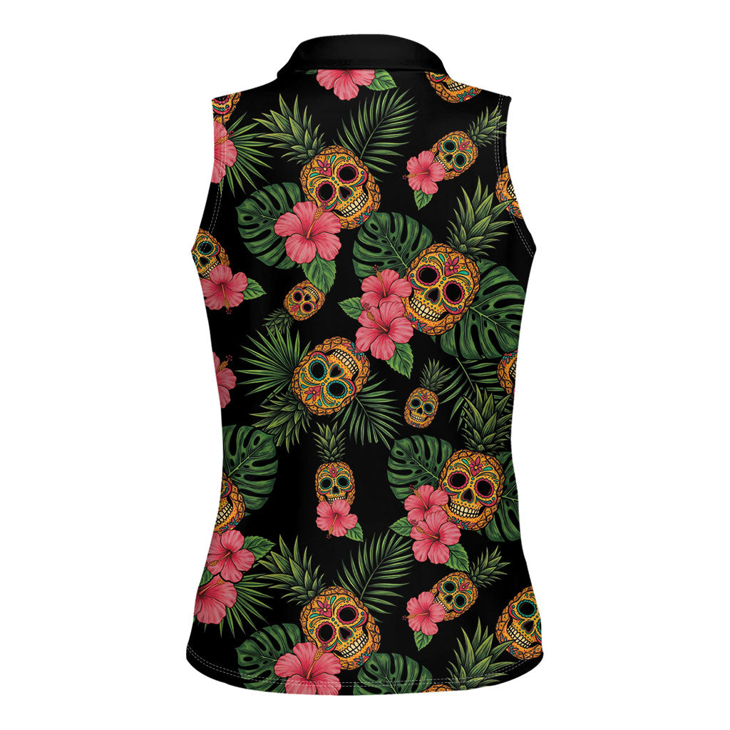 Tropical Calavera Hawaiian Women Sleeveless Polo Shirt Sugar Skull Pineapple Hibiscus Floral DT05 - Polynesian Pride