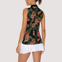 Tropical Calavera Hawaiian Women Sleeveless Polo Shirt Sugar Skull Pineapple Hibiscus Floral DT05 - Polynesian Pride