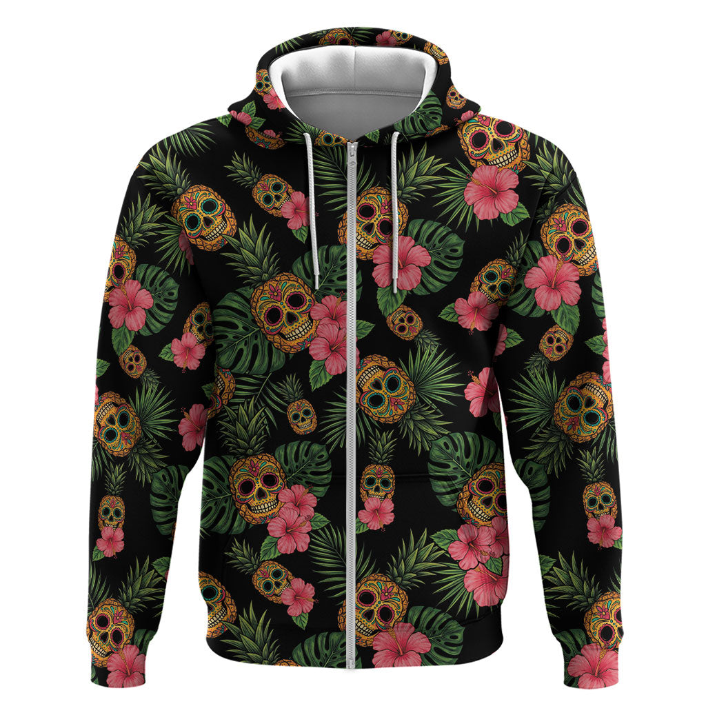 Tropical Calavera Hawaiian Zip Hoodie Sugar Skull Pineapple Hibiscus Floral DT05 Zip Hoodie Black - Polynesian Pride