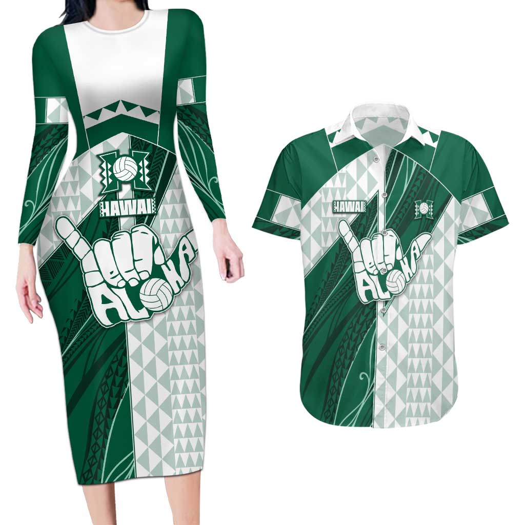 Custom Hawaii Volleyball Couples Matching Long Sleeve Bodycon Dress and Hawaiian Shirt Shaka Aloha Hand