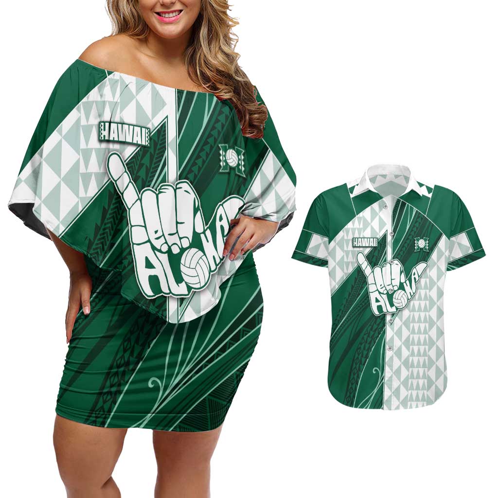 Custom Hawaii Volleyball Couples Matching Off Shoulder Short Dress and Hawaiian Shirt Shaka Aloha Hand