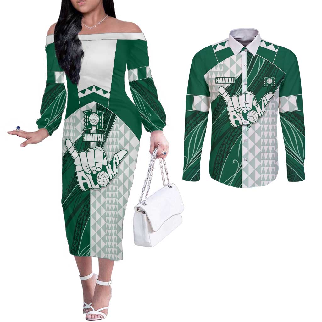 Custom Hawaii Volleyball Couples Matching Off The Shoulder Long Sleeve Dress and Long Sleeve Button Shirt Shaka Aloha Hand