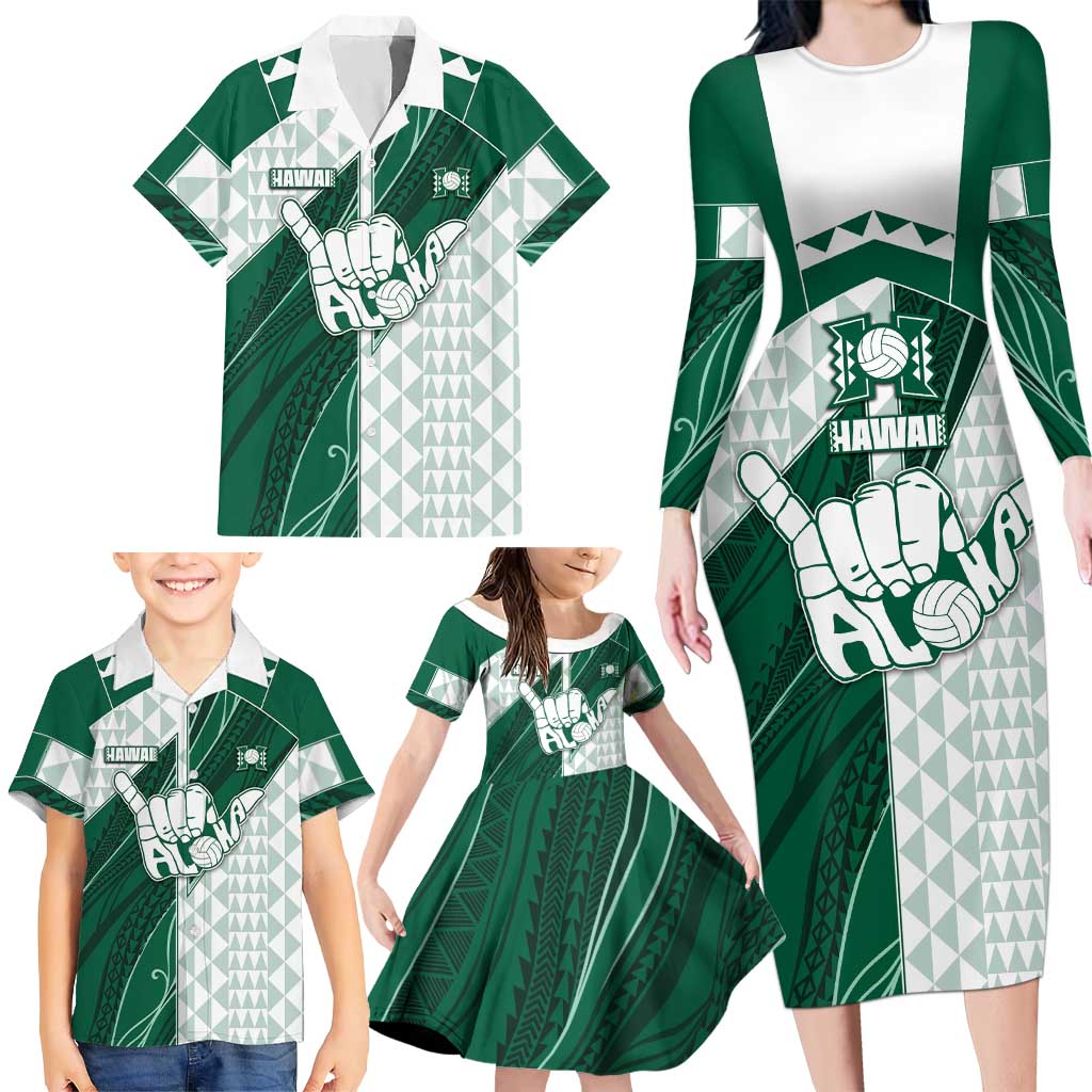 Custom Hawaii Volleyball Family Matching Long Sleeve Bodycon Dress and Hawaiian Shirt Shaka Aloha Hand