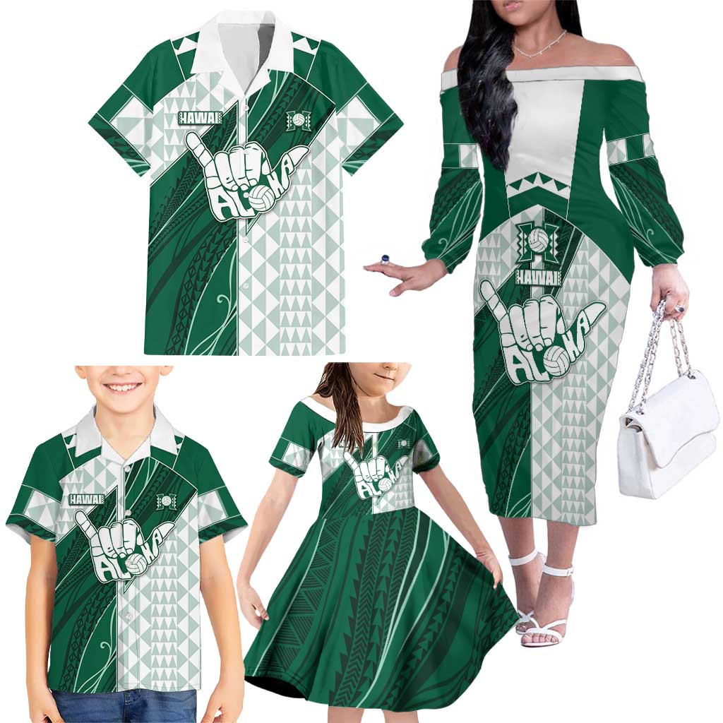 Custom Hawaii Volleyball Family Matching Off The Shoulder Long Sleeve Dress and Hawaiian Shirt Shaka Aloha Hand DT05 - Polynesian Pride