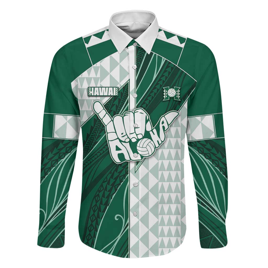 Custom Hawaii Volleyball Family Matching Off Shoulder Maxi Dress and Hawaiian Shirt Shaka Aloha Hand DT05 Dad's Shirt - Long Sleeve Green - Polynesian Pride