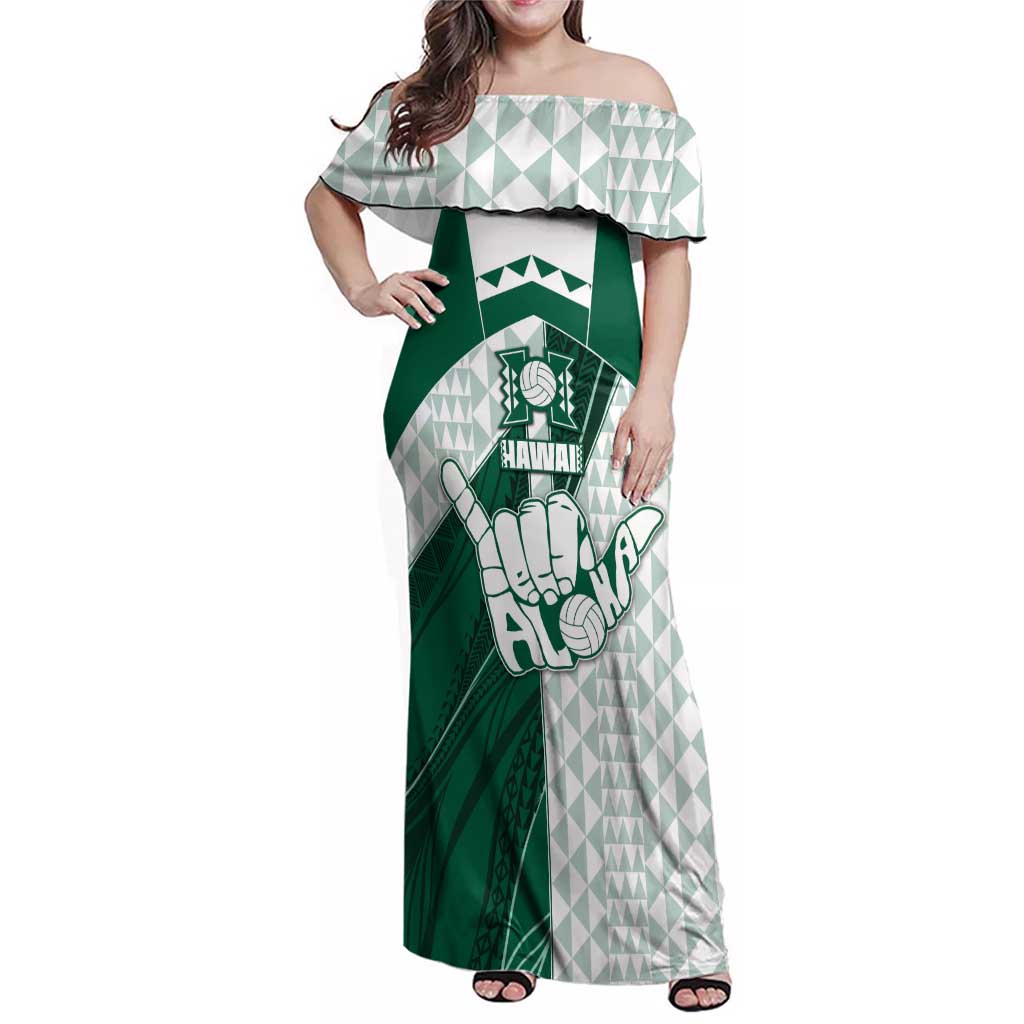 Custom Hawaii Volleyball Family Matching Off Shoulder Maxi Dress and Hawaiian Shirt Shaka Aloha Hand DT05 Mom's Dress Green - Polynesian Pride