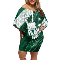 Custom Hawaii Volleyball Family Matching Off Shoulder Short Dress and Hawaiian Shirt Shaka Aloha Hand DT05 Mom's Dress Green - Polynesian Pride