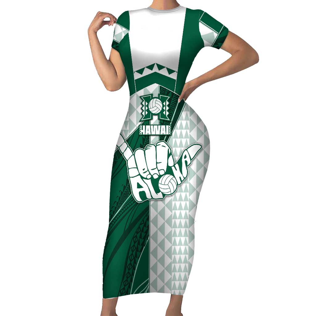Custom Hawaii Volleyball Family Matching Short Sleeve Bodycon Dress and Hawaiian Shirt Shaka Aloha Hand DT05 Mom's Dress Green - Polynesian Pride