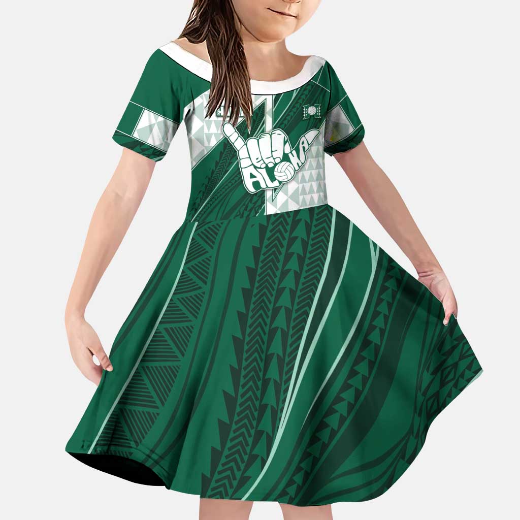Custom Hawaii Volleyball Family Matching Summer Maxi Dress and Hawaiian Shirt Shaka Aloha Hand DT05 Daughter's Dress Green - Polynesian Pride