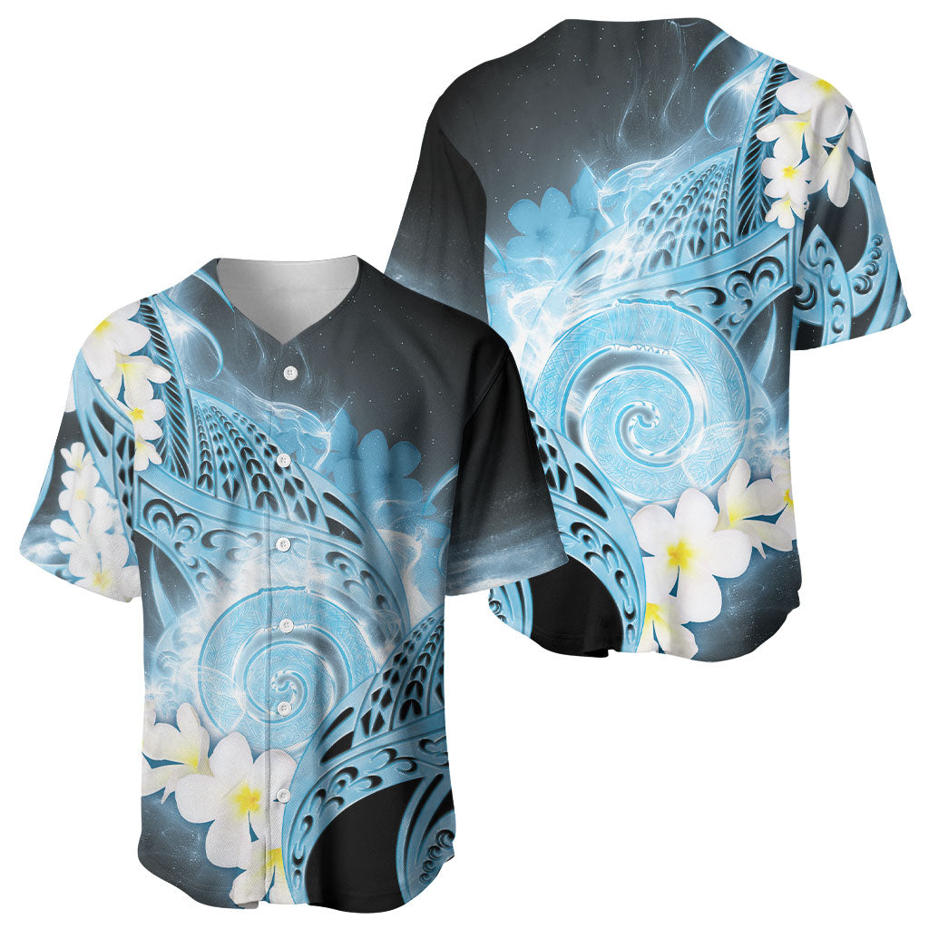 Piko Hawaiian Baseball Jersey Blue Galaxy Spiral Plumeria Tribal Patterns