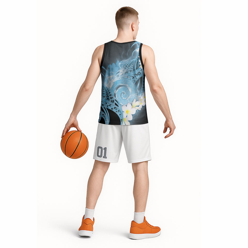 Piko Hawaiian Basketball Jersey Blue Galaxy Spiral Plumeria Tribal Patterns