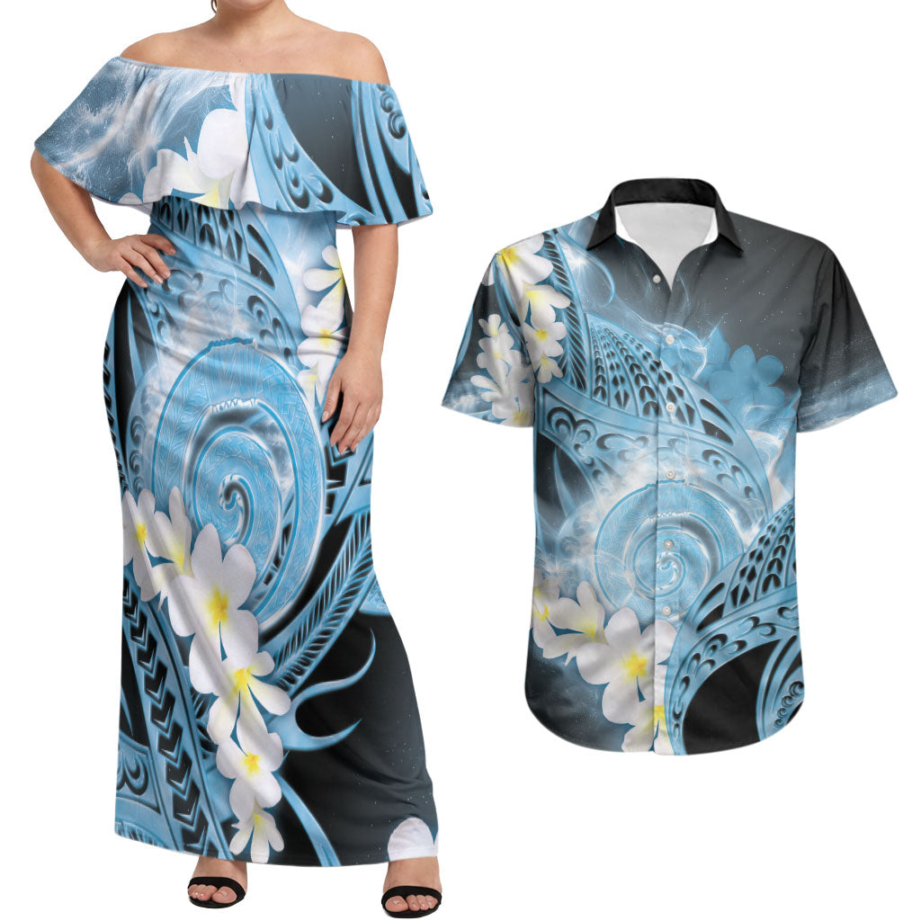 Piko Hawaiian Couples Matching Off Shoulder Maxi Dress and Hawaiian Shirt Blue Galaxy Spiral Plumeria Tribal Patterns