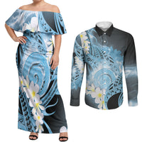 Piko Hawaiian Couples Matching Off Shoulder Maxi Dress and Long Sleeve Button Shirt Blue Galaxy Spiral Plumeria Tribal Patterns