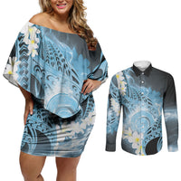 Piko Hawaiian Couples Matching Off Shoulder Short Dress and Long Sleeve Button Shirt Blue Galaxy Spiral Plumeria Tribal Patterns