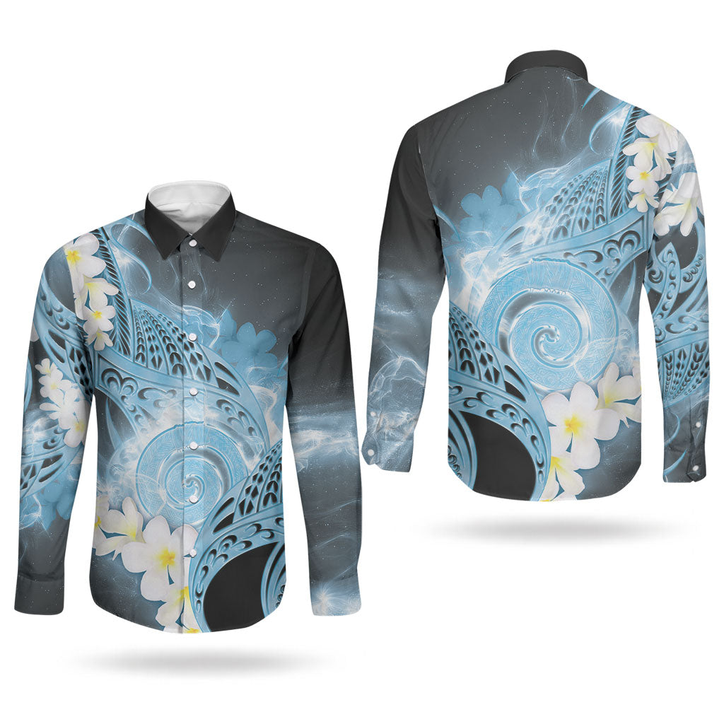 Piko Hawaiian Couples Matching Off Shoulder Short Dress and Long Sleeve Button Shirt Blue Galaxy Spiral Plumeria Tribal Patterns